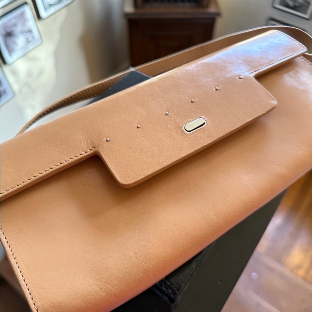 Monsac Tan Leather Minimalist Shoulder Bag. Preowned. 10 1/2” long X 5” high. - Picture 13 of 14